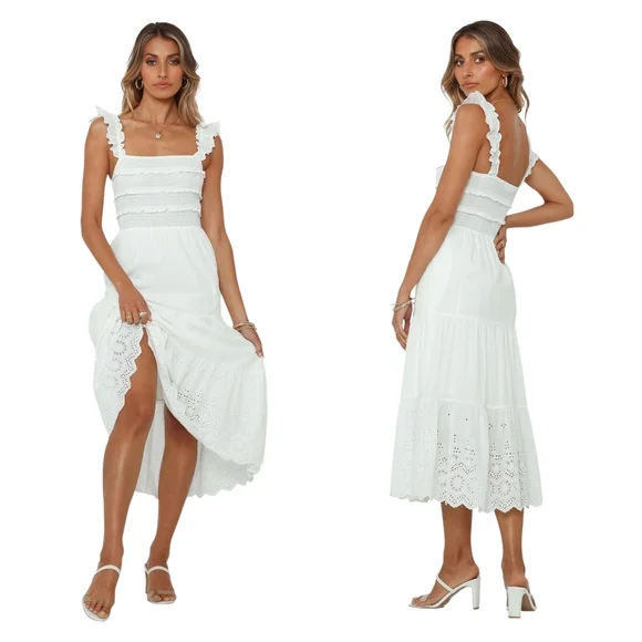 NWT Hello Molly Let Me Fall In Love White Midi Dress Lace Ruffles Women’s M - Picture 5 of 17
